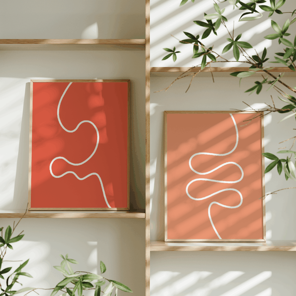 Set van 3 posters voor MDL-arts Bouke Salden: minimalistische line-art van maag, darmen en lever in witte lijn op zalm, terracotta en watermeloen achtergrond.