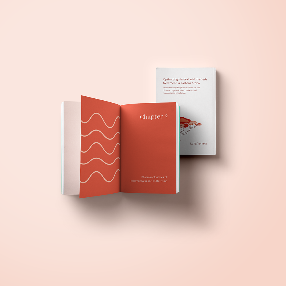 Proefschriftomslag Luka Verrest: Afrikaanse boom in line art, terracotta aardetinten; viscerale leishmaniasis-behandeling in Oost-Afrika, pediatrische focus.