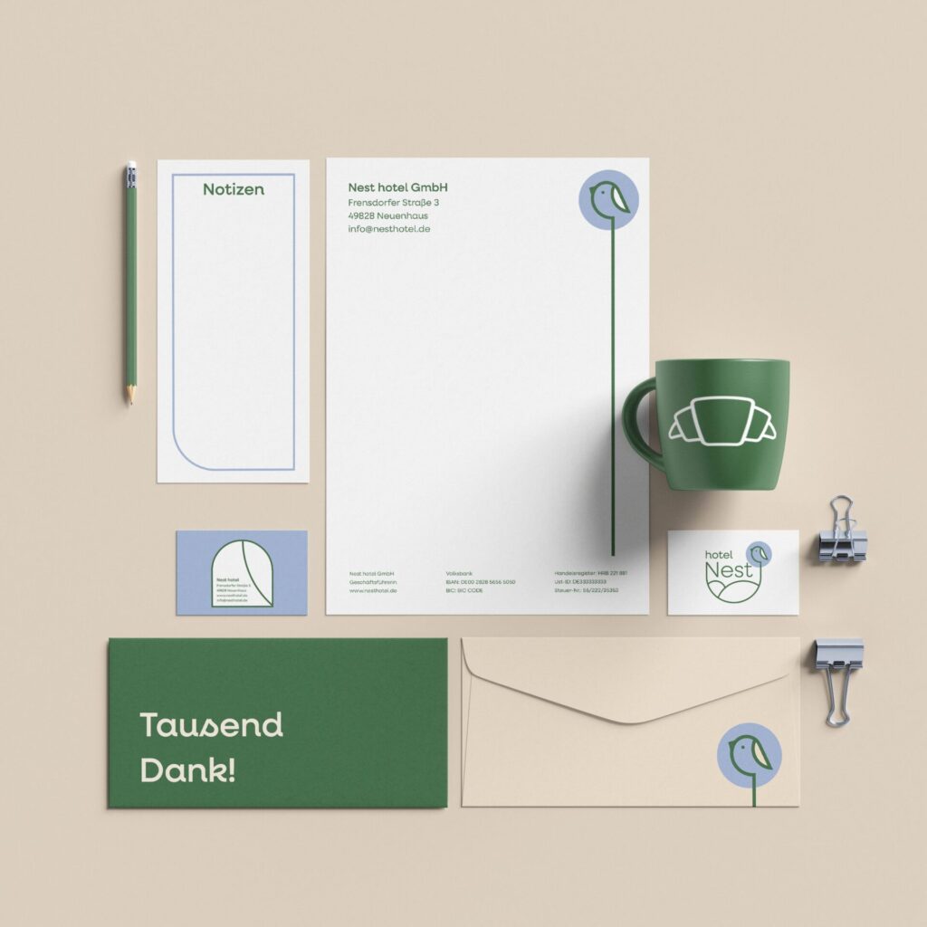 huisstijl stationary hotel Nest, briefpapier, envelop, sticker, potlood, visitekaartjes, notitieblok