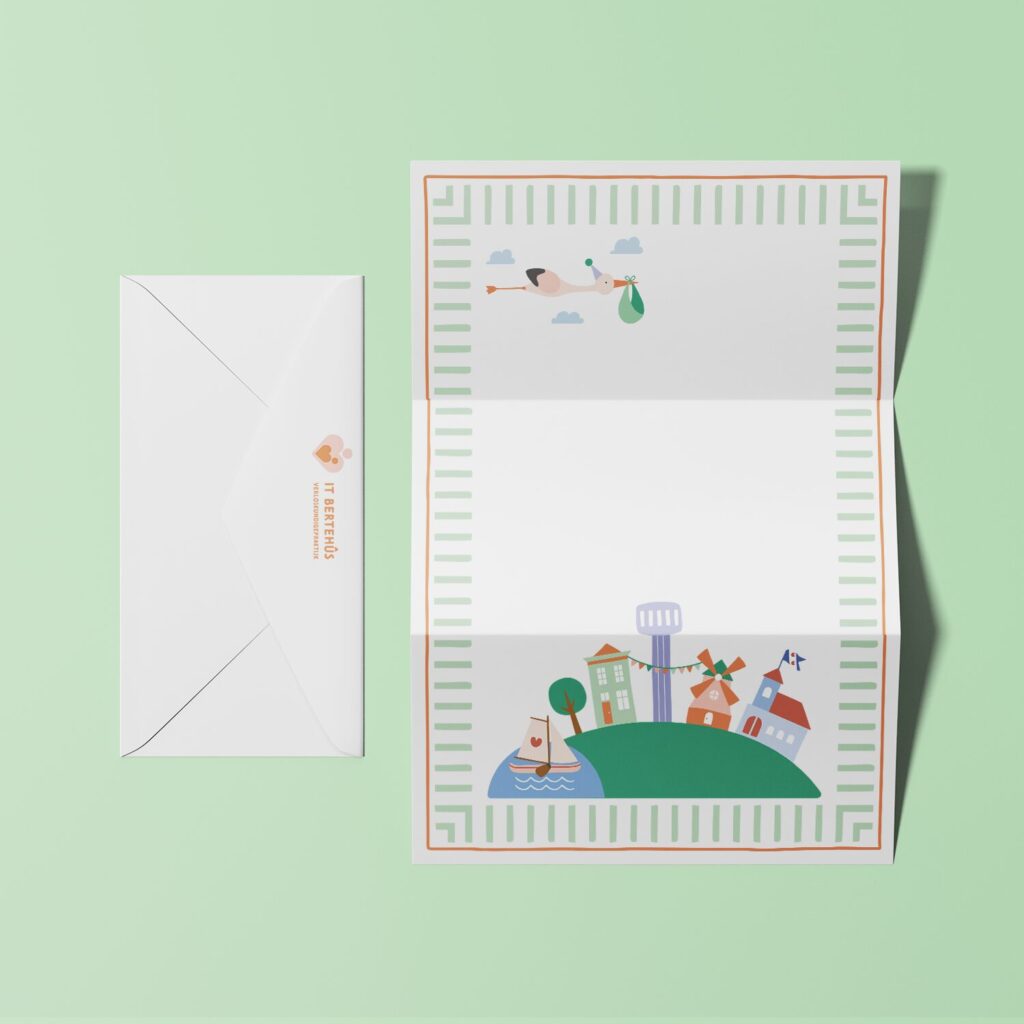 Briefpapier geboorteverhaal: Briefpapier voor geboorteverhaal met huisstijl It Bertehûs en kleurrijke illustratie friesland