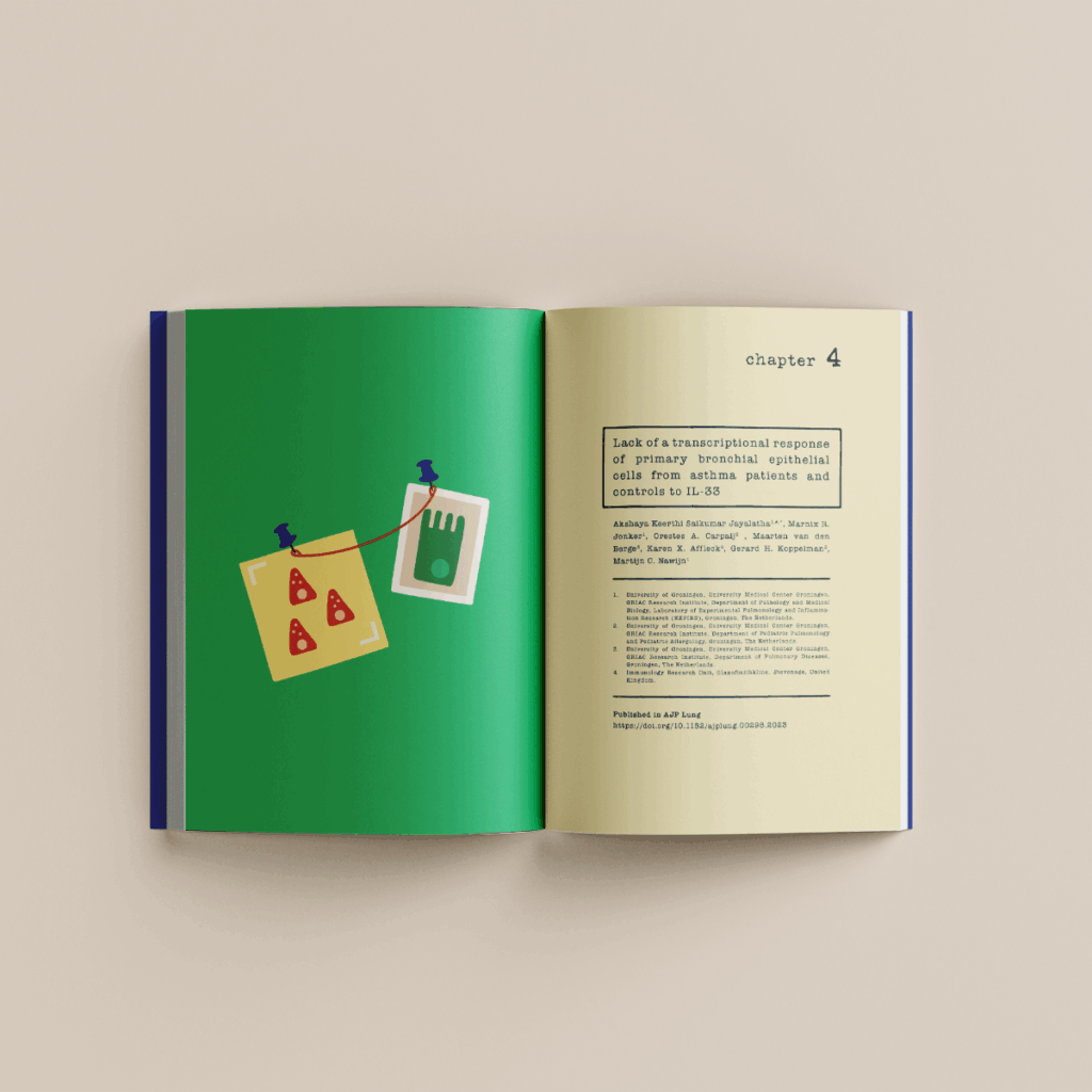 Cover met crime-scene board rond IL-33/IL-1RL1 en astma. Detail: punaises, draden en dossiermappen verbinden concepten. Polaroids en microscoop als visuele “bewijzen” van onderzoeksdata. Longschets met markeringen van ontsteking/hyperreactiviteit