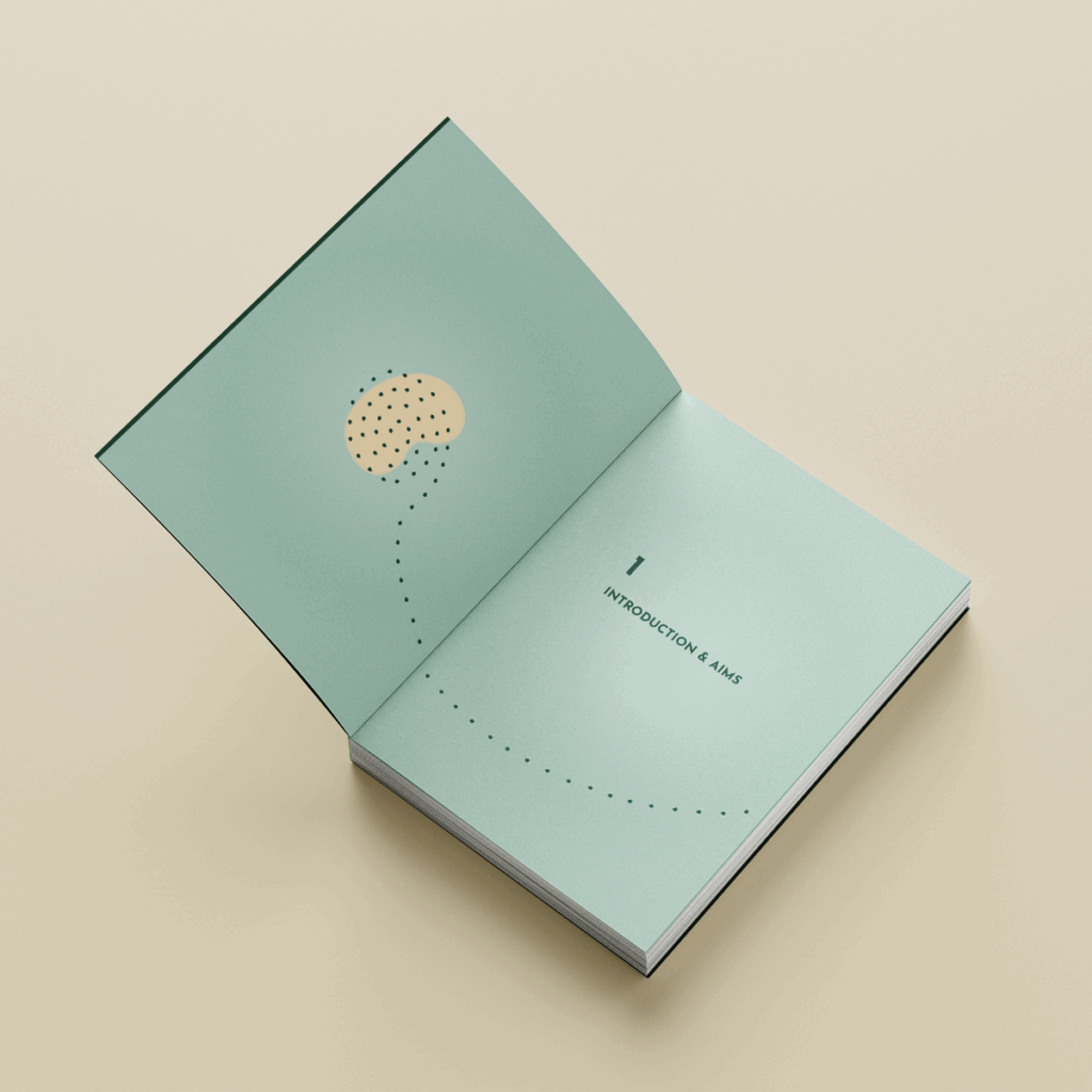 Minimalistisch omslagontwerp proefschrift met gestileerde nier en spiraalvormige druppelstroom in zachte blauwgroene tinten