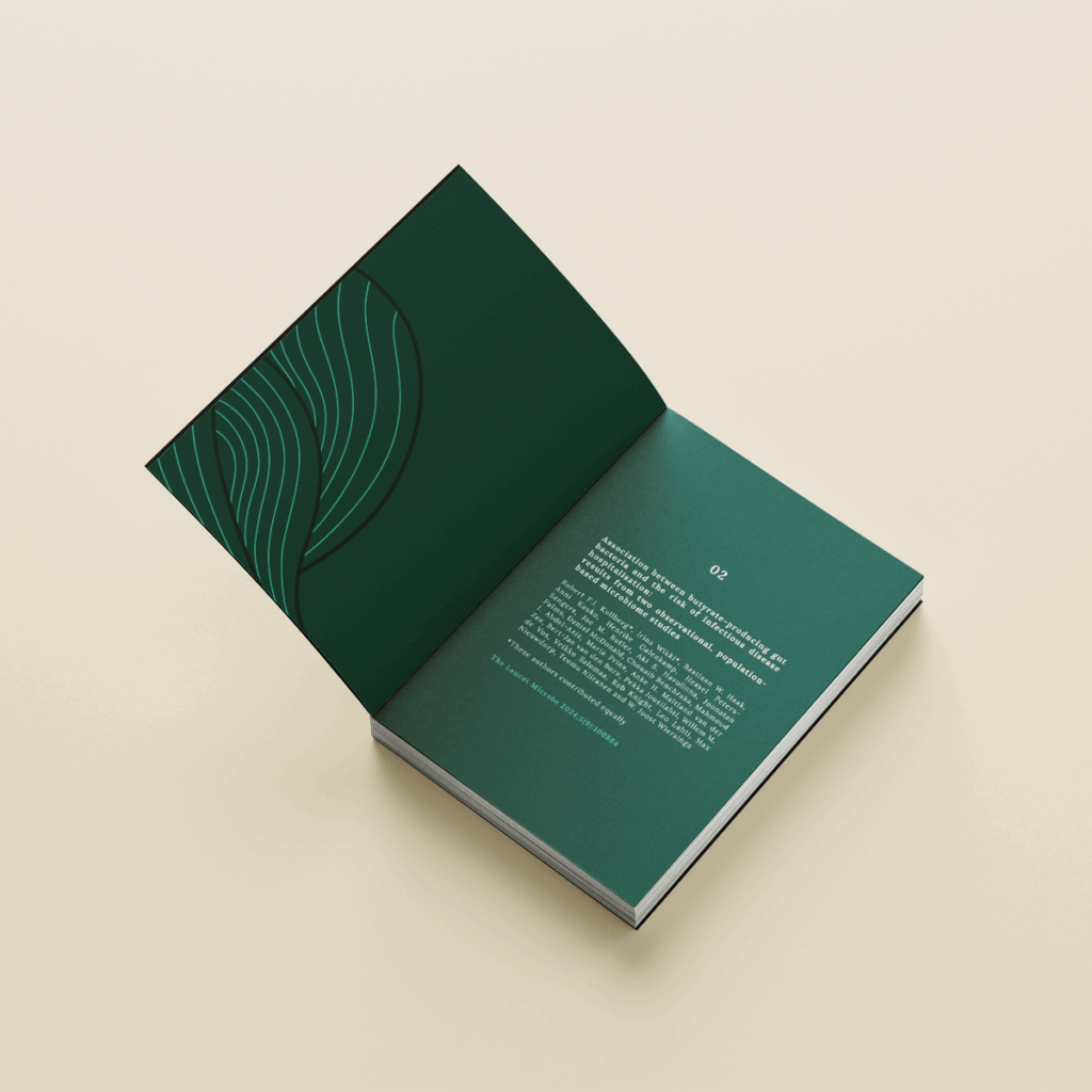 Omslagontwerp proefschrift met organische abstracte longvorm opgebouwd uit vloeiende lijnen en verbonden netwerken, symbool voor microbioom en longinfecties