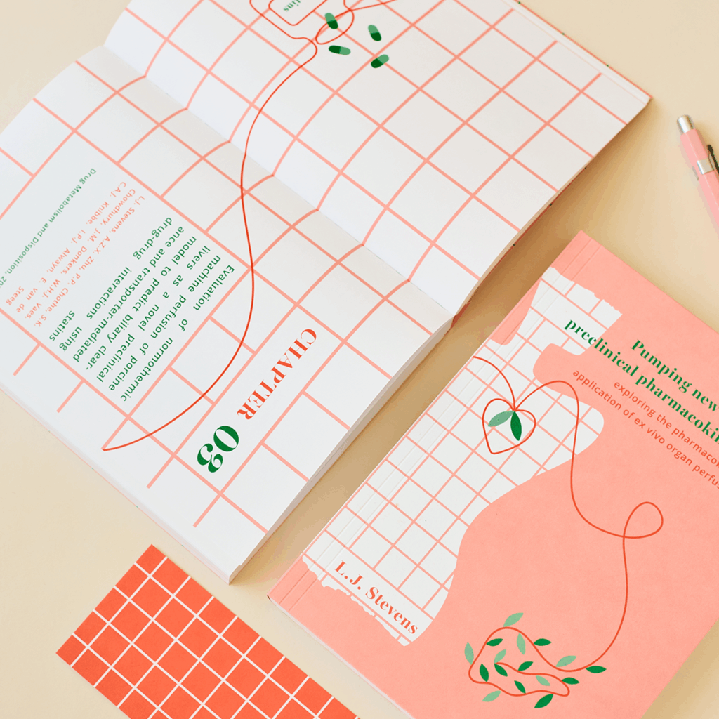 Proefschriftomslag Lianne J. Stevens: vloeiende line-art van organen met botanische elementen over voor- en achterkant; subtiel ruitjespatroon voor wetenschappelijke context.