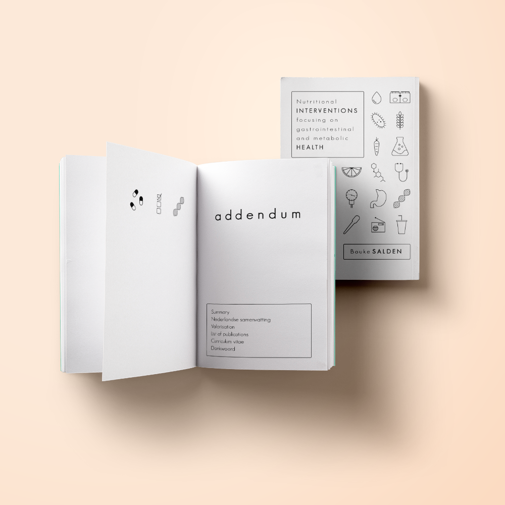 Proefschriftomslag Bouke Salden: visuele samenvatting van 6 studies rond voeding, darmen en metabolisme; speelse details