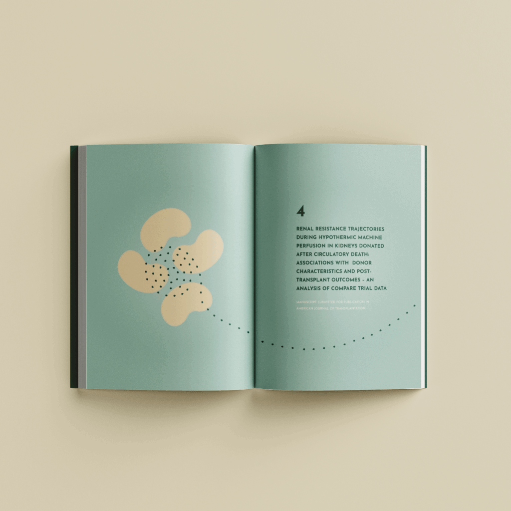 Minimalistisch omslagontwerp proefschrift met gestileerde nier en spiraalvormige druppelstroom in zachte blauwgroene tinten