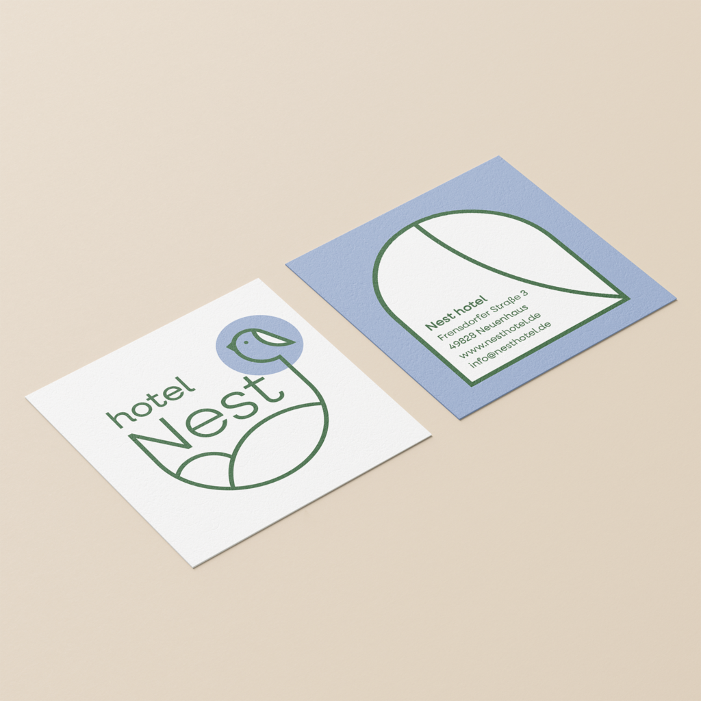 Briefpapier, visitekaartje en thank you kaart in de huisstijl van Hotel Nest.