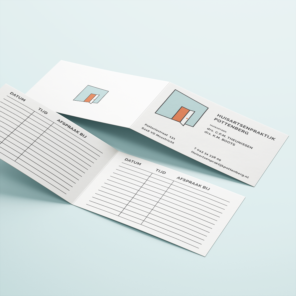 afsprakenkaartje Logo Huisartsenpraktijk Pottenberg – minimalistische deur op een kier, oranje/turquoise, strakke lijnen