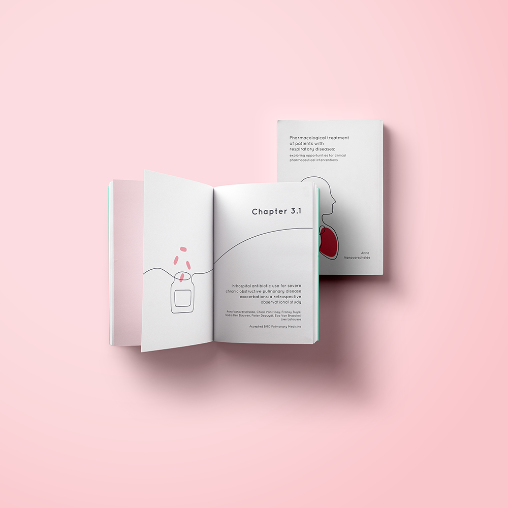 Proefschriftomslag Anna Vanoverschelde: minimalistische line-art van longpatiënt met zacht roze accenten en UGent-kleuren; clean en medisch