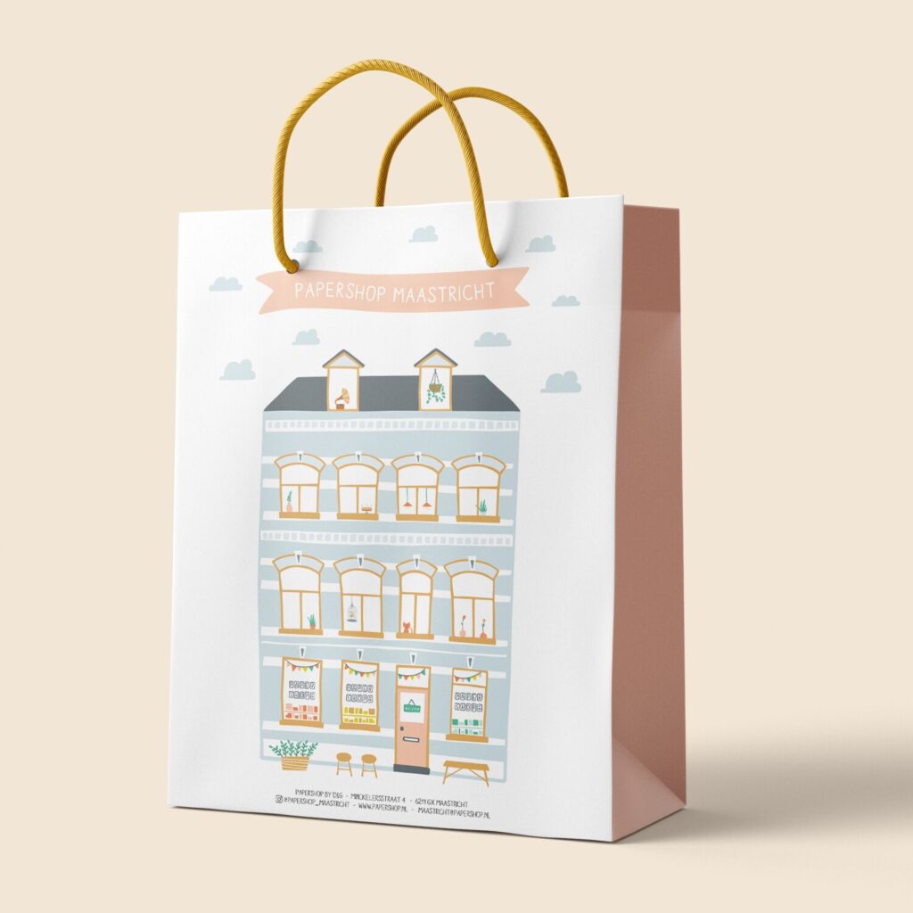 papieren tas voor Papershop met gevel illustratie en passende typografie