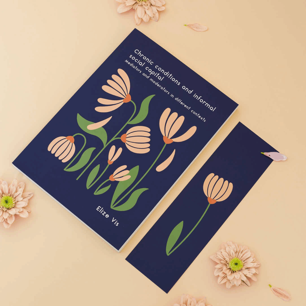 Proefschriftomslag Elize Vis: minimalistische bloemenillustratie in kleur; variërende blaadjes, grootte en positie verbeelden diversiteit en sociaal kapitaal.